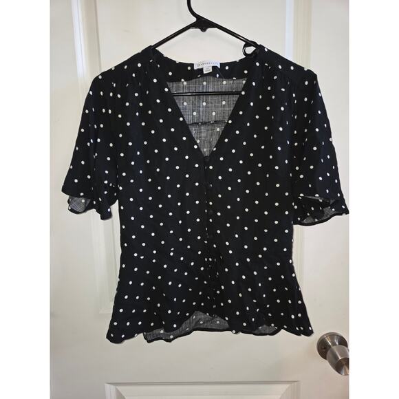 Adorable Black and White Polka Dot Warehouse Brand Cropped Blouse, Button Up - Picture 1 of 5